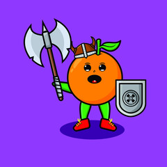 Cute cartoon character Orange viking pirate with hat and holding ax and shield in modern design for t-shirt, sticker, logo element, poster