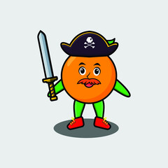 Cute cartoon mascot character orange pirate with hat and holding sword in modern design for t shirt, sticker, logo element
