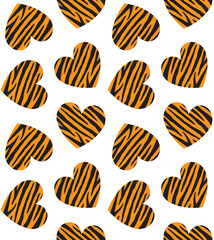 Vector seamless pattern of hearts with tiger stripes texture isolated on white background
