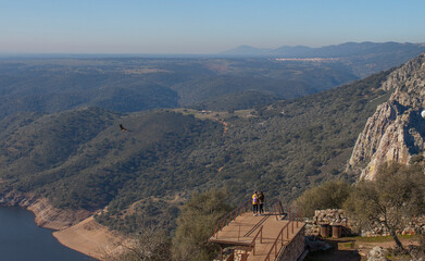 Visitors observing Monfrague National Park from viewpoint. Caceres, Spain