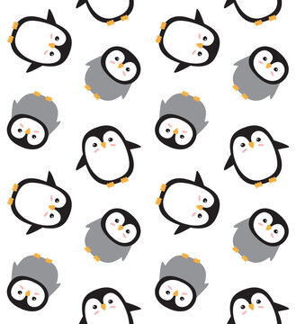 Vector seamless pattern of flat hand drawn penguin isolated on white background