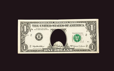 George Washington peeking out of a hole in a US one dollar bill. Financial crisis concept illustration.