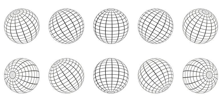 Globe Grid Sphere Set. 3D Wire Global Earth Latitude, Longitude. Geometric Grid Globe. Wired Line 3D Planet Globe. Round Grid Mesh Ball. Wireframe Globe Surface. Isolated Vector Illustration