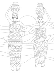 two young african women standing in ethnic dress holding vases a