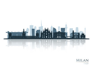 Naklejka premium Milan skyline silhouette with reflection. Landscape Milan, Italy. Vector illustration.