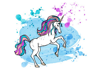 Naklejka na ściany i meble Cute unicorn on a background of watercolor splashes and streaks. Bright trendy colors. A mystical magical animal with a horn. A mythical horse. Isolated object on a white background.