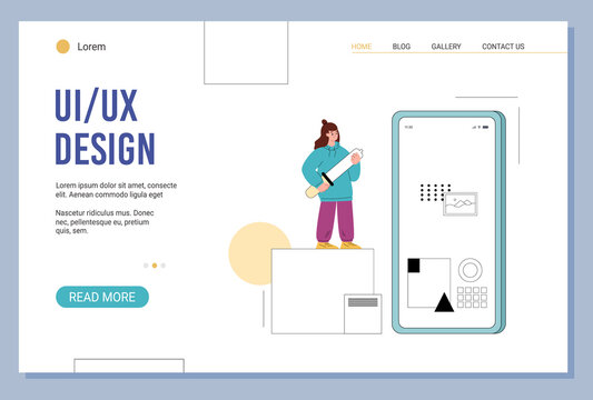UI UX design landing page template, female character creates user interface for mobile app, flat vector illustration.