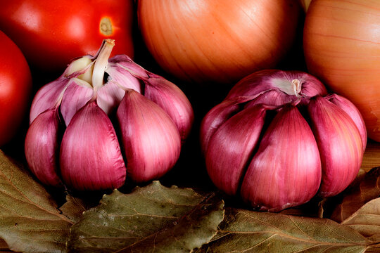 Alho roxo, cebola, tomate vermelho e folhas de louro 