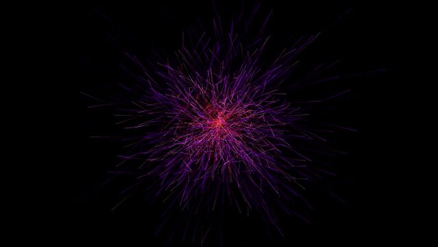 The movement of multi-colored particles from the center in a black void