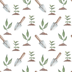 Watercolor pattern with garden tools. Seamless pattern with garden elements for textile, paper or your design.