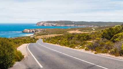 Winding road along the coast of Innes National Park on a bright day, Yorke Peninsula, South Australia