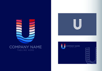 U letter with ocean waves and sunset beach vibes. Font style, vector design template elements for your travel, tour, vacation, and summer party corporate identity.