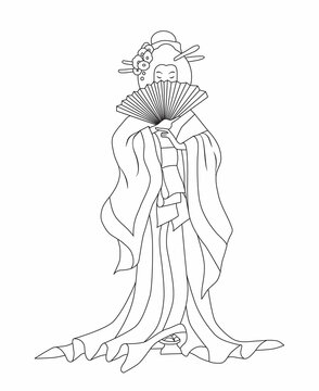 recommend clip art: Japanese woman in a national costume with a fan in her hands. Geisha. Black contour on a white background. Drawing for coloring