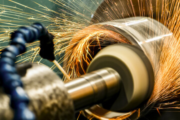 Grinding metal with an abrasive wheel on a circular grinding machine with sparks. Metal processing...