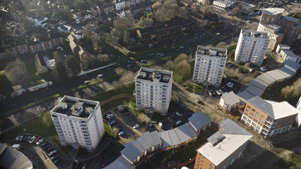 Generic aerial view of Birmingham UK city centre apartment tower block - obrazy, fototapety, plakaty