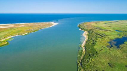 Aerial view of the place where Danube River merges with Black Sea in Romania