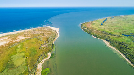 Aerial view of the place where Danube River merges with Black Sea in Romania