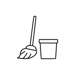 Mop and bucket icon in black line style icon, style isolated on white background
