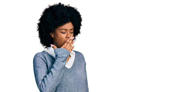 Young african american woman wearing business clothes bored yawning tired covering mouth with hand. restless and sleepiness.