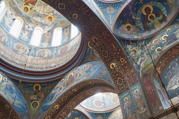 Interior of the Saint Panteleimon Cathedral of the New Athos monastery. The church inside is totally embellished with the mural decoration