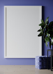 Large vertical one white picture frame. Very peri color 2022  background. Lavender lilac furniture. Accent closeup on art. Mockup. 3d rendering