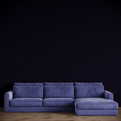 Living room in dark color. An empty black wall and a large very peri sofa. Accent interior design mockup for art or picture. 3d rendering