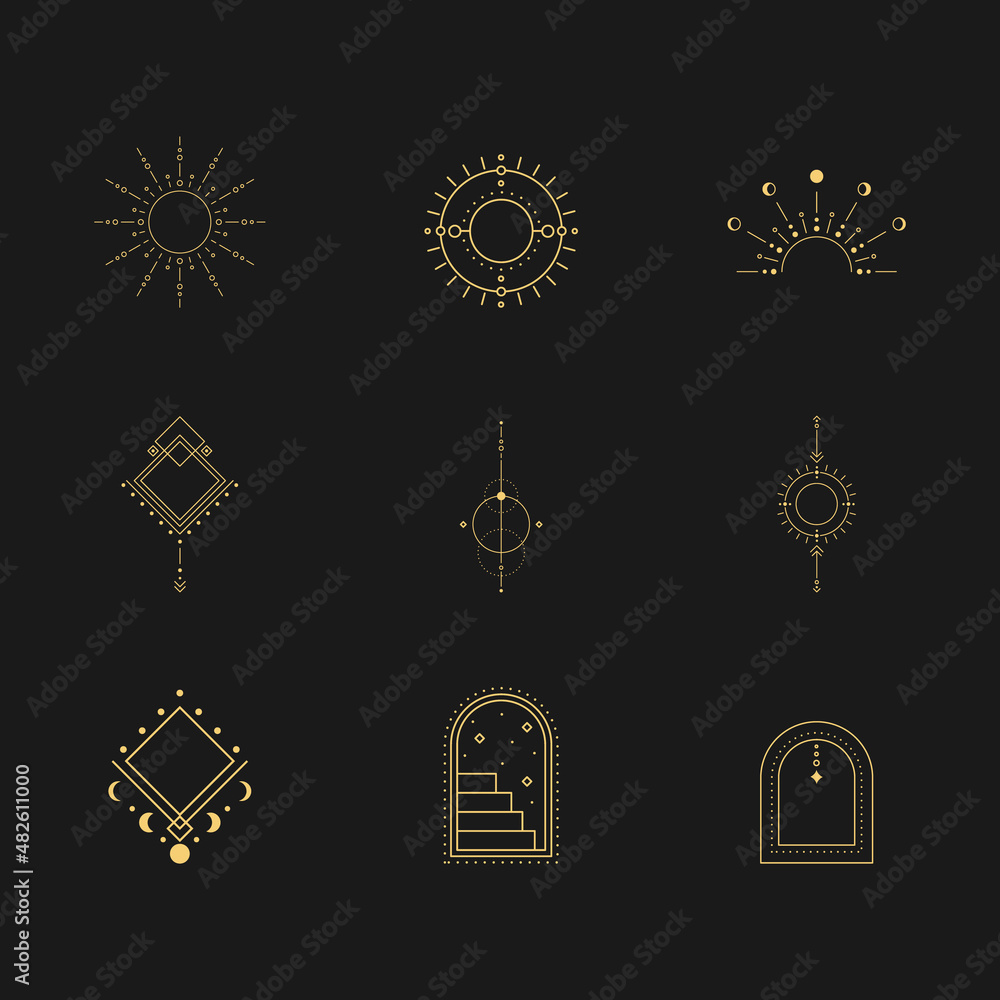 Poster minimal boho linear symbols. set of celestial mystic element. vector line art illustration.