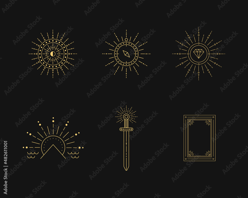 Poster minimal boho linear symbols. set of celestial mystic element. vector line art illustration.