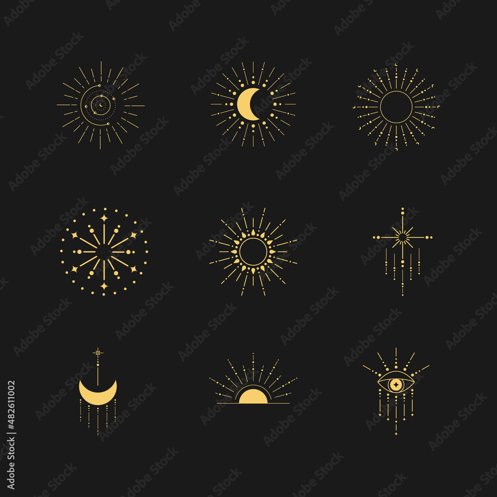 Poster minimal boho linear symbols. set of celestial mystic element. vector line art illustration.