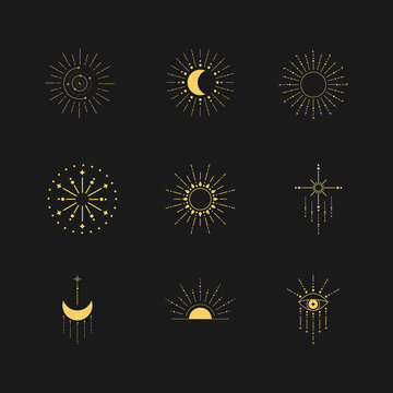 Minimal boho linear symbols. Set of celestial mystic element. Vector line art illustration.