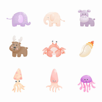 Watercolor animals set. Elephant, hippopotamus, reindeer, crab, shellfish, squid, jellyfish. Digital paint. Vector illustration.