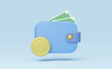 Cash money into wallet, coin float on blue background. Mobile banking and Online payment service. Saving dollar wealth and business financial concept. Transfer and Currency exchange online. 3d render.