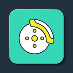 Filled outline Car brake disk with caliper icon isolated on blue background. Turquoise square button. Vector