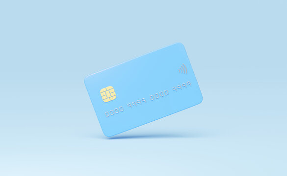 Credit card mockup floating isolated on blue background. Mobile banking and Online payment service. Digital marketing, E commerce. Quick and easy shopping and retail concept. Withdraw money. 3d render