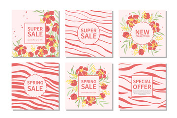 Set of sale banner template for social networks with abstraction and spring flowers. Suitable for promotions, stories, post and internet ads. Vector illustration.