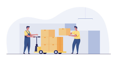 Warehouse workers are storing boxes on the rack.