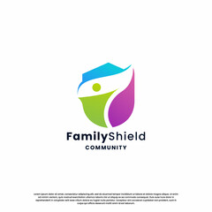 family community shield logo design inspiration. abstract human and shield combination.