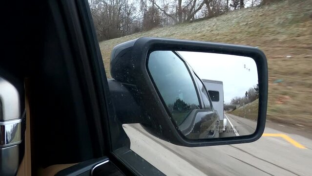 Hauling A Horse Trailer On A Freeway In Southeast Michigan View Through A Side Rearview Mirror - 4k