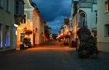 Night street in P?rnu city in summer. - obrazy, fototapety, plakaty