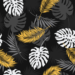 Exotisches botanisches Hintergrunddesign. Vektornahtloses Muster mit goldenen und schwarzen tropischen Blättern auf dunklem Hintergrund.
