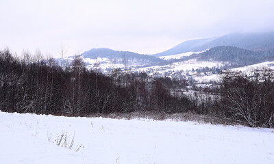 Zimowa panorama górskiej doliny.