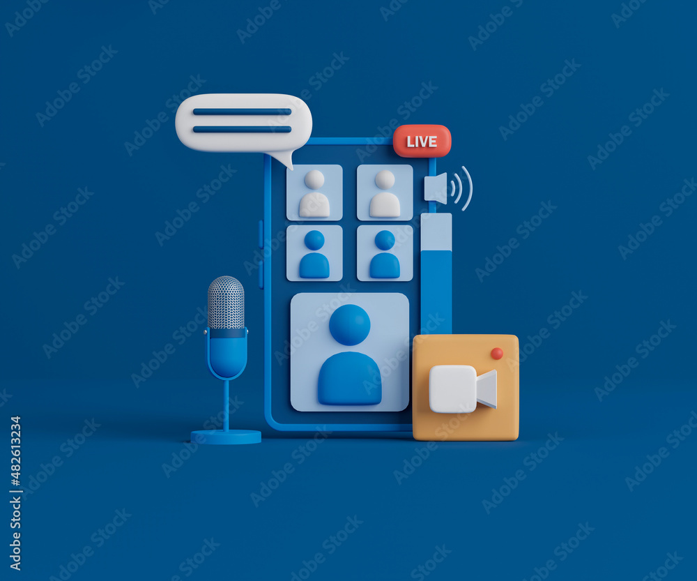 Poster 3d rendering video conference application on smartphone. mobile phone with microphone, camera icon, 
