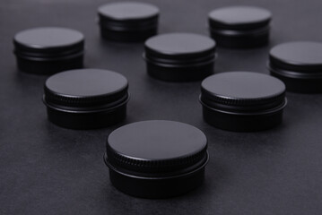 Set of tin metal boxes, cases. on black background