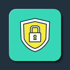 Obraz premium Filled outline Shield security with lock icon isolated on blue background. Protection, safety, password security. Firewall access privacy sign. Turquoise square button. Vector