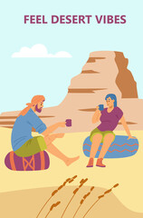 Obraz na płótnie Canvas Banner or poster with tourists making desert journey flat vector illustration.