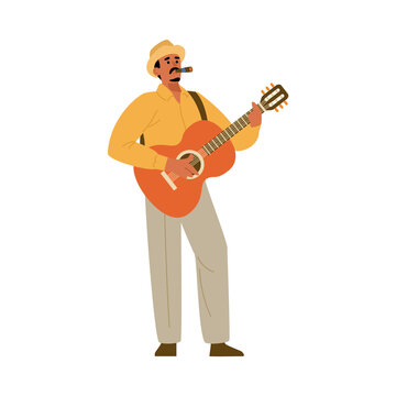 Cuban man with guitar and cigar flat cartoon vector illustration isolated.