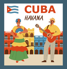 Travel to Havana, Cuba vector poster. Cuban musician play guitar and smoke cigar, woman dance and smile.