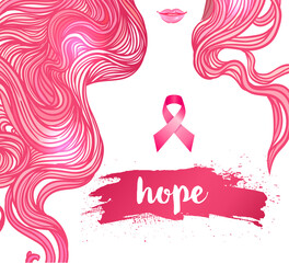 October: Breast Cancer Awareness Month, annual campaign to increase awareness of the disease. Woman with breast cancer awareness pink ribbon, vector illustration health, medicine, beauty concept