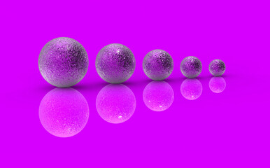 Five balls of metal of different sizes on Magenta Purple background. Growth of something. Progress. Reflection. Horizontal image. 3D image. 3D rendering.