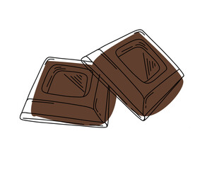 Two slices of black or milk chocolate isolated on white background. Hand drawn or doodle style. Flat vector illustration
